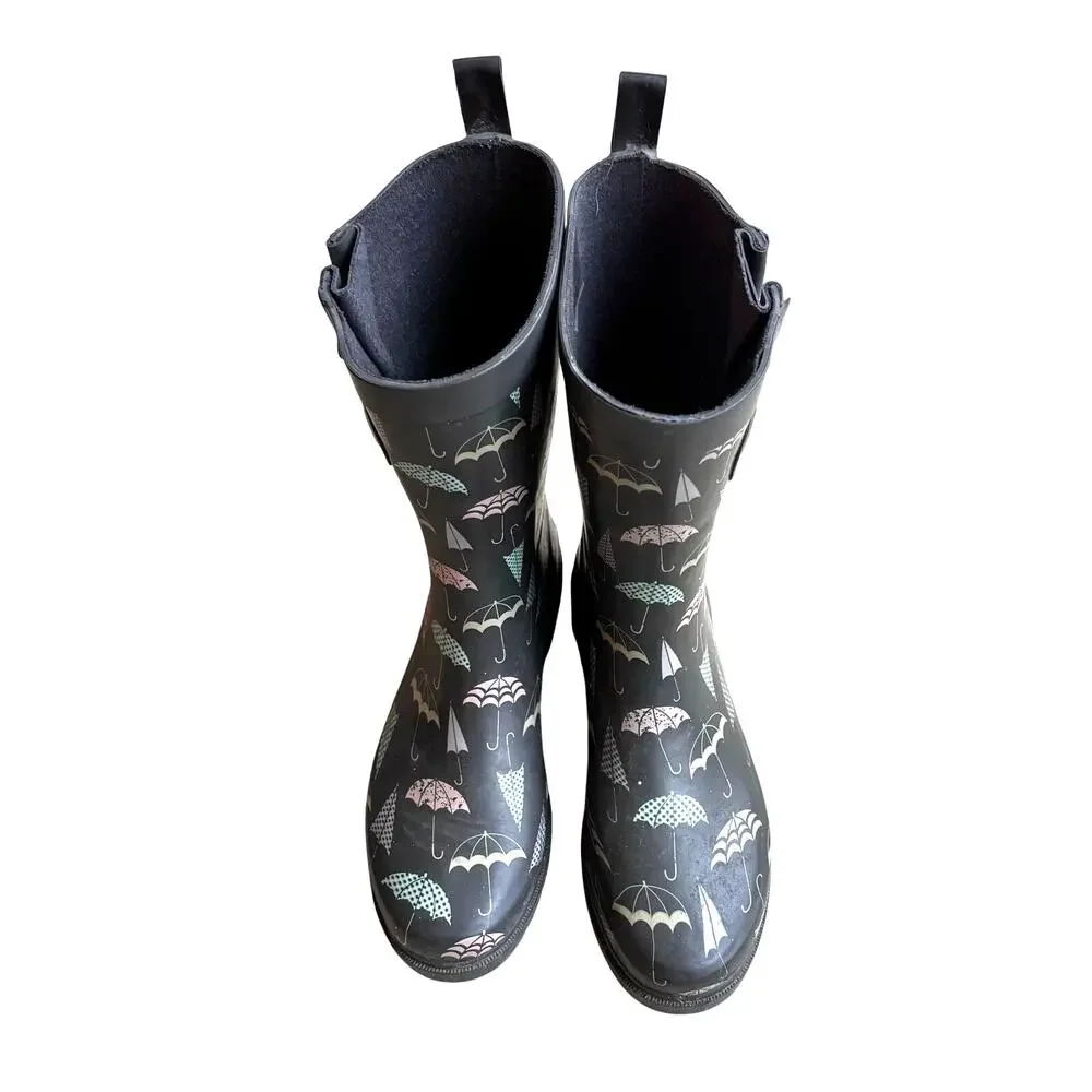 Capelli rubber rain boots ladies US 8M gray & pastel umbrellas mid calf shaft